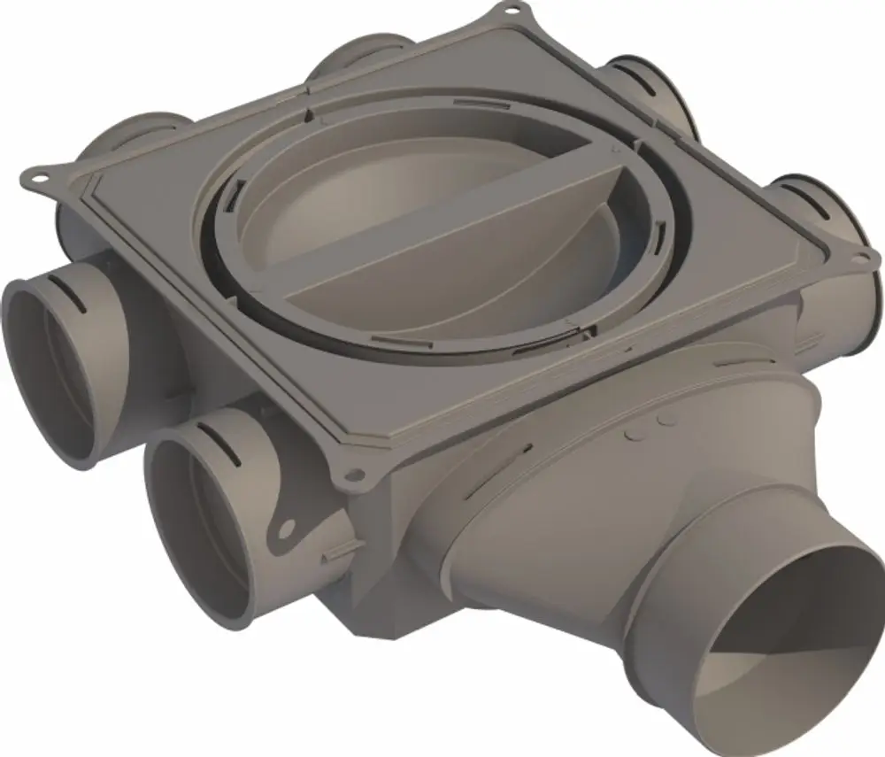 Luftverteiler von Wolf mit mehreren Anschlussmöglichkeiten, flach und kompaktes Design zur Luftverteilung in Lüftungssystemen.